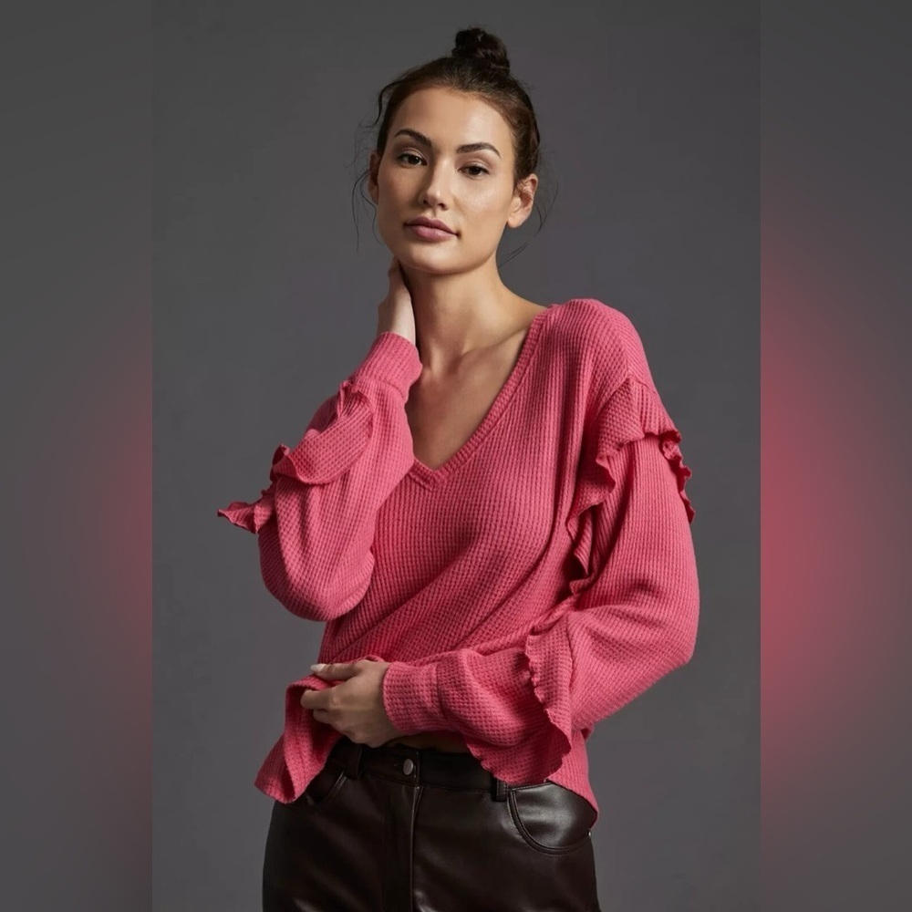NWT Anthropologie Pilcro ruffled V neck long sleeve top raspberry sz xxs